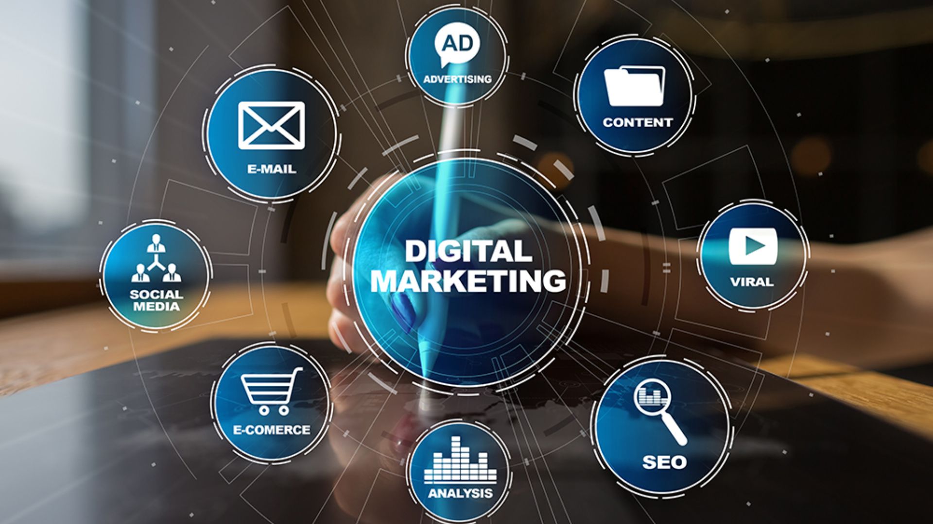 Full digital marketing analytics and megaphone illustration